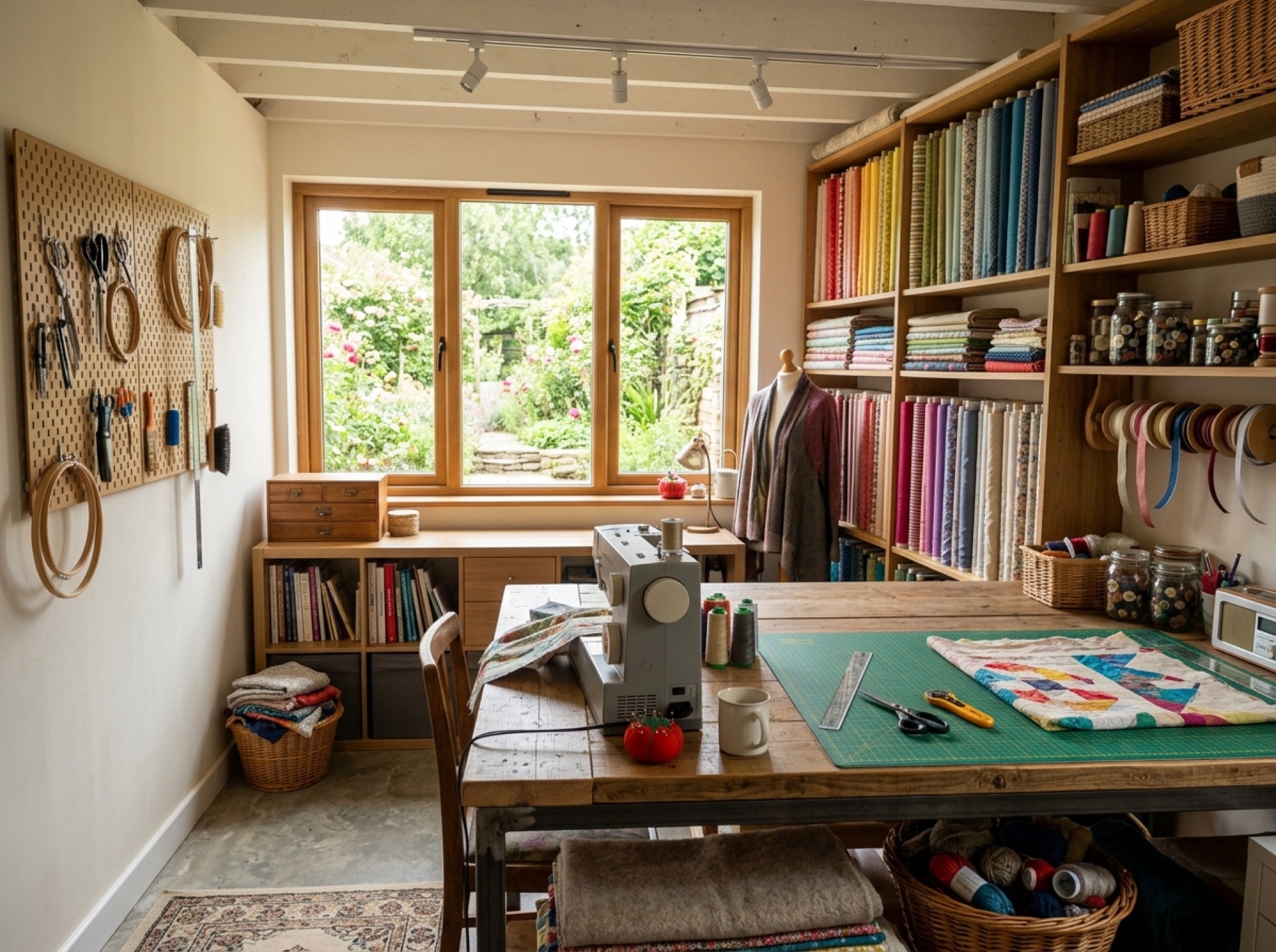 Converted garage used as a craft and sewing room