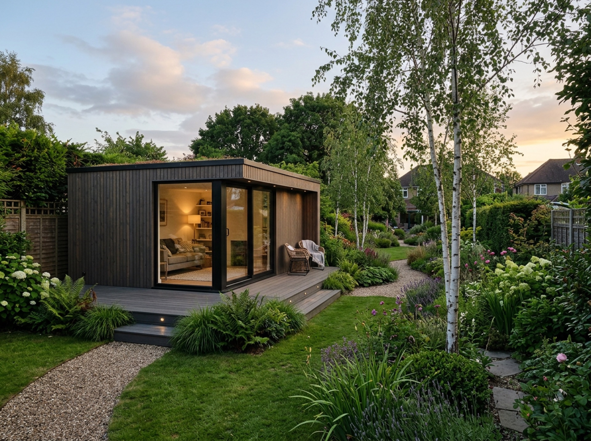 Dark-clad garden room on a raised deck among birch trees