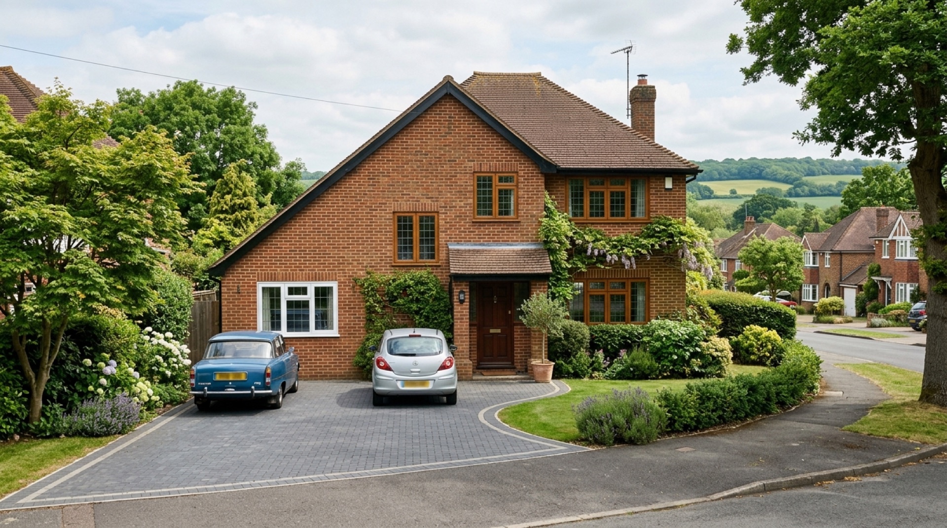 Detached brick house whose attached garage has been converted, with brick infill and a wide window, hills beyond