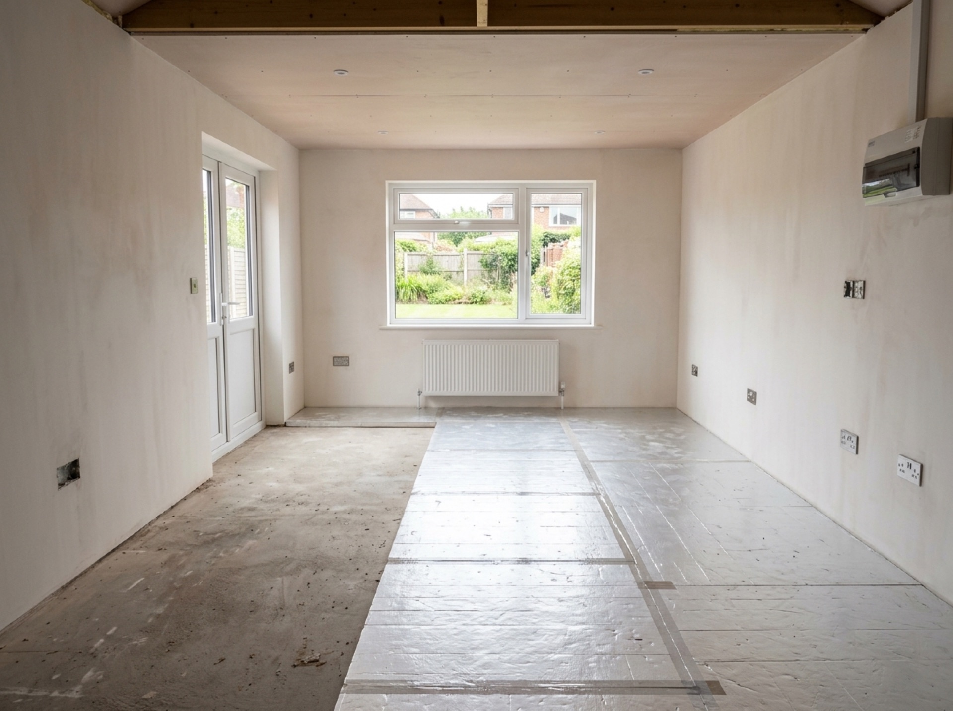 Converted garage after insulation and plastering, before decoration